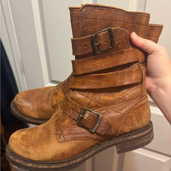 Frye Brown Leather Combat Boots - Picture 2 of 4